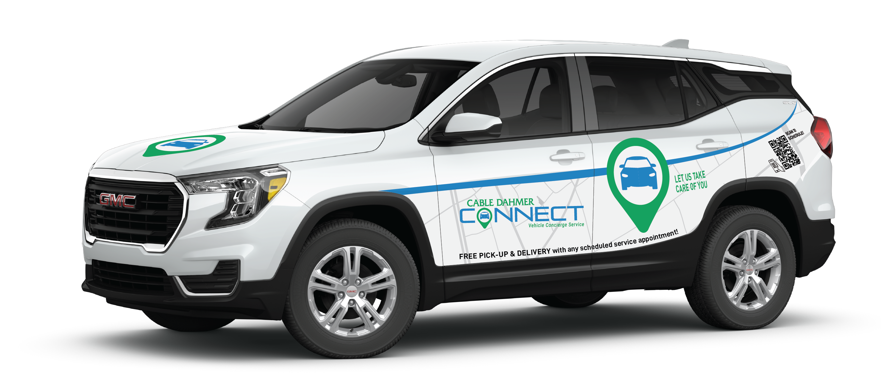 white GMC car that has cable dahmer connect logo on the side of the car